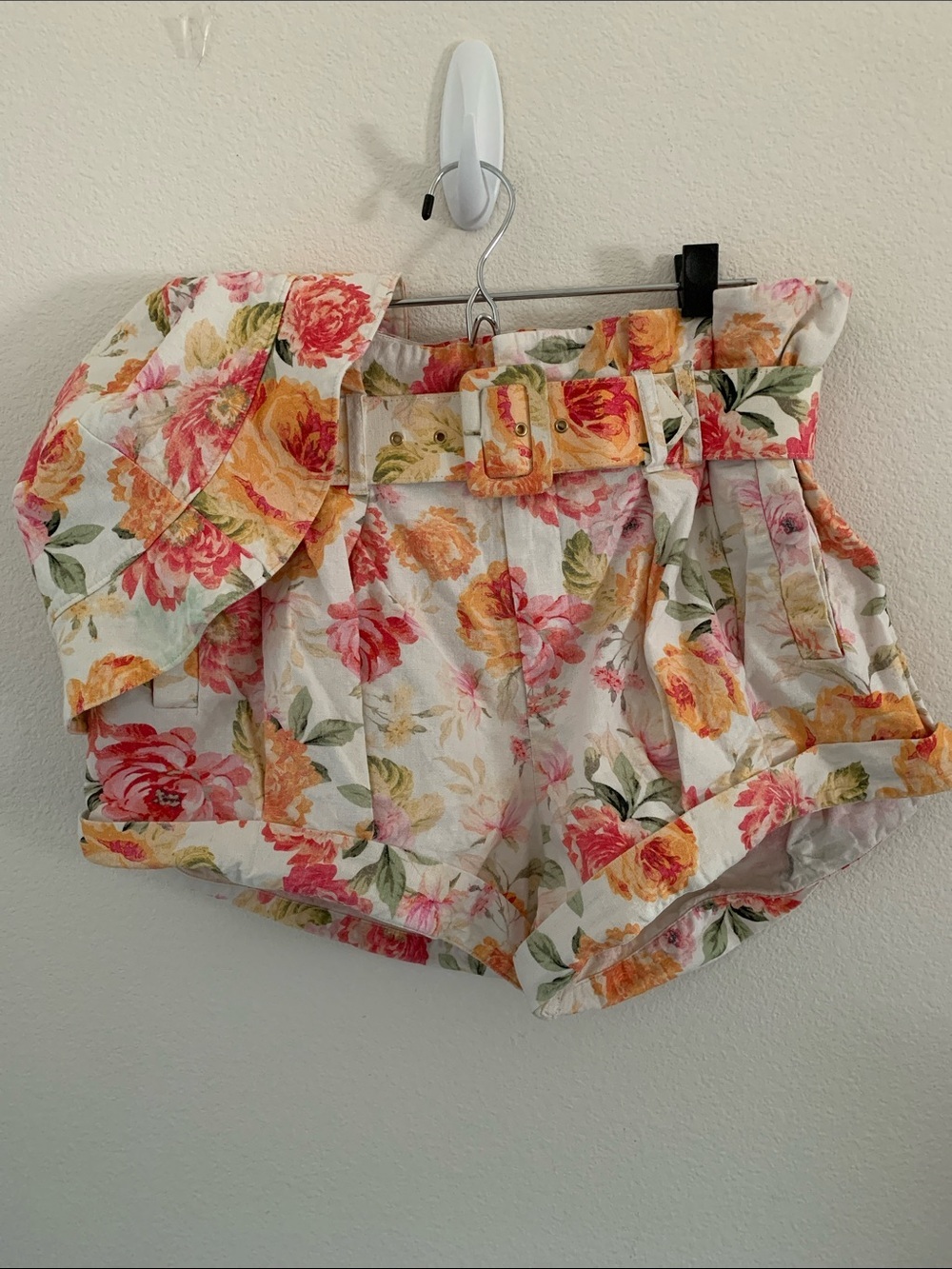 For Love&Lemons Floral Paperbag Waist Shorts - White with Pink & Yellow Roses M​